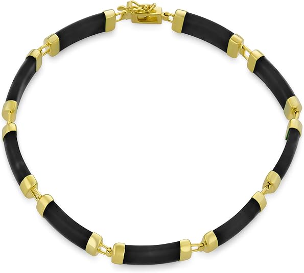 TB20P-Black Onyx & Multi-Color Jade Link Bracelet – 925 Sterling Silver 14K Gold Plated