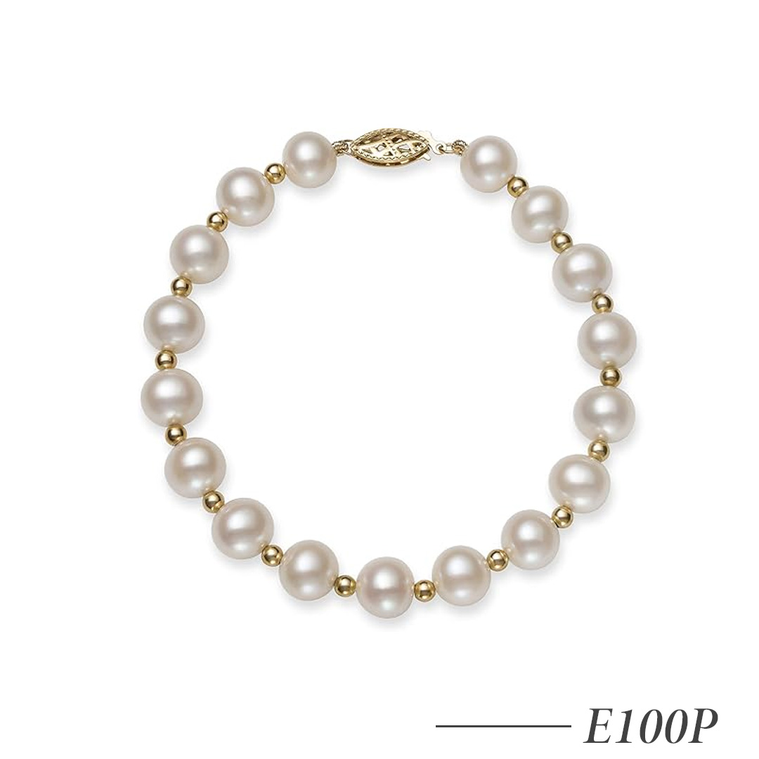 E100P-Freshwater Pearl Strand Bracelet with 14K Gold – 8–8.5mm Pearl Bracelet