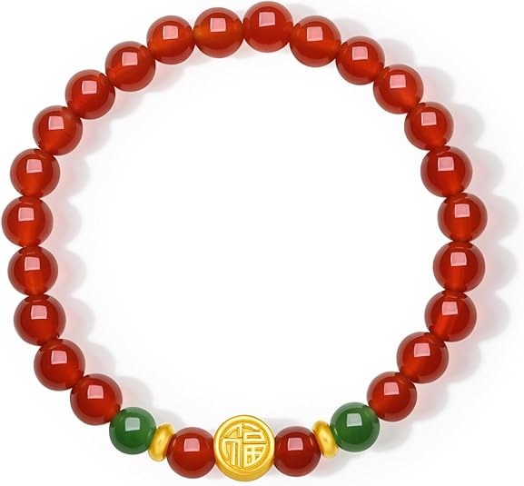 TB10-24K Solid Gold Red Agate and Green Jade Beaded Stretch Bracelet for Women