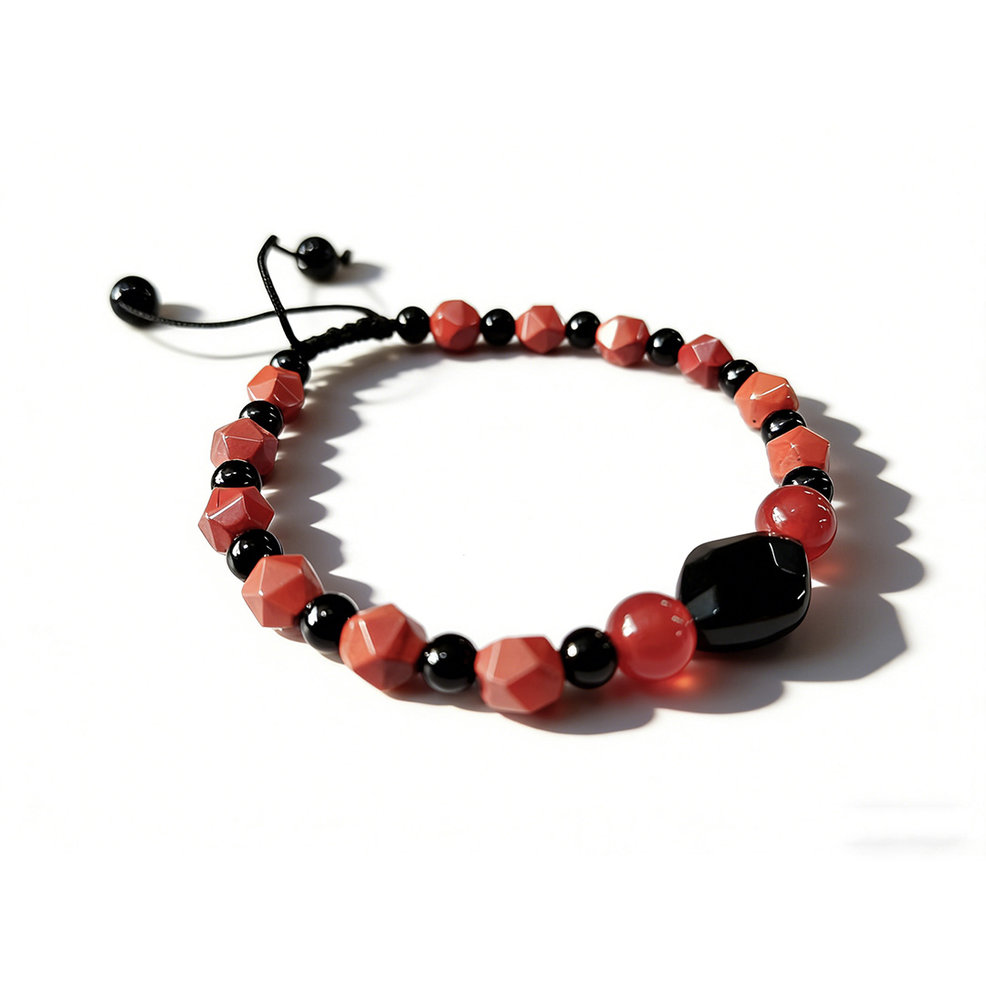 SNAP10-Faceted Red Stone Beaded Bracelet with Black Accent – Adjustable Handmade Bracelet