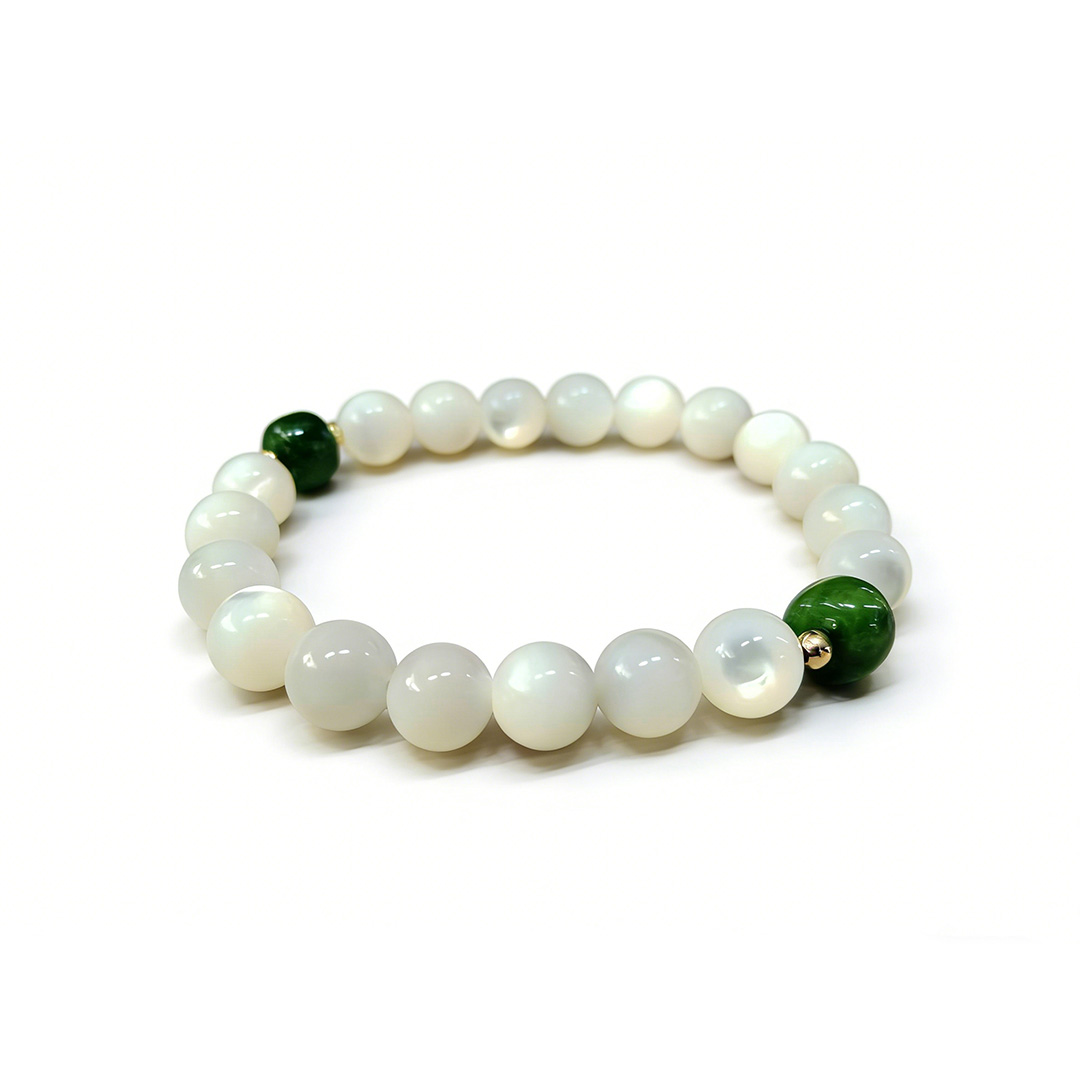 KPV10-Natural White Jade Beaded Bracelet with Green Jade Accent