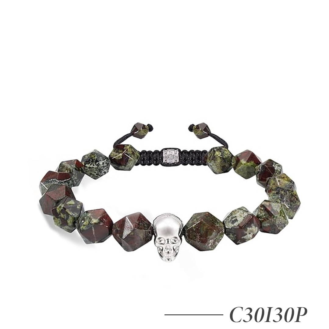 C30I30P-Dragon Blood Jasper Beaded Bracelet with Silver Skull Charm – Adjustable Braided Bracelet