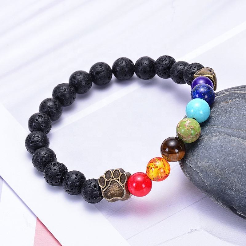 HCG5K-7 Chakra Lava Stone Bracelet with Crystal Beads